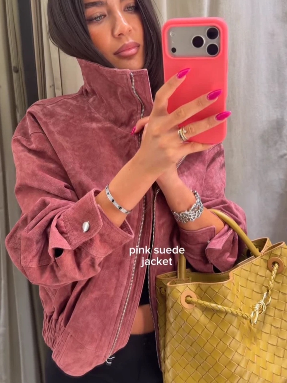 Zara Dusty Rose Suede Zip-Front Jacket Pop